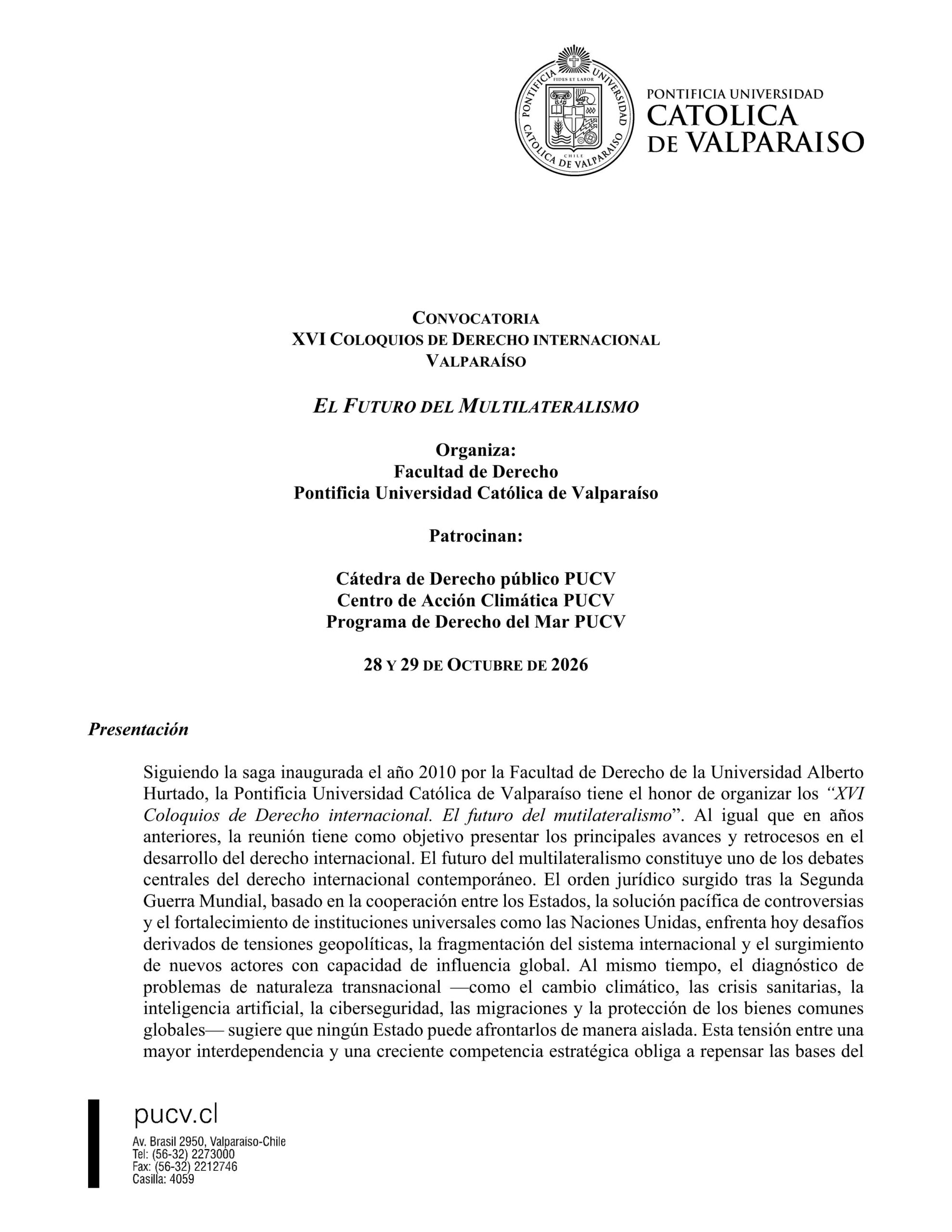 XVI Coloquios de Derecho Internacional 28 y 29 de octubre de 2026